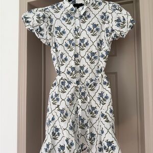 White Floral Button-Front Mini Dress with Blue Print